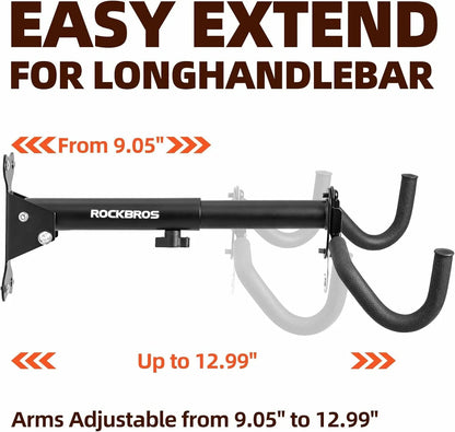 Foldable wall-mounted bike rack with double protective hooks and a 15kg load capacity, designed to save space and prevent frame scratches.