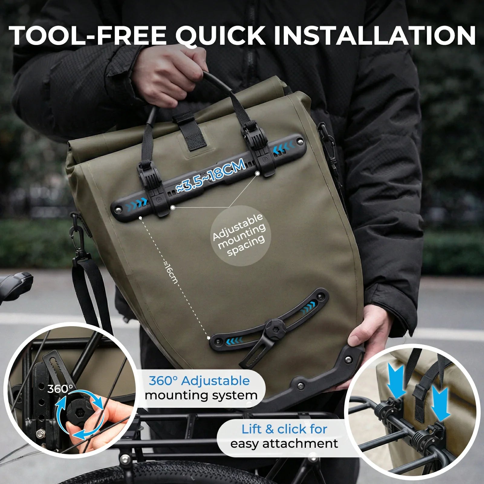 Fully waterproof bike pannier bag 20L in black#Color_Dark Green*2