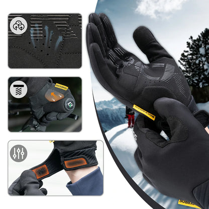Close-up of water-resistant MTB full finger gloves showing padded palm, silicone grip, and touchscreen design
