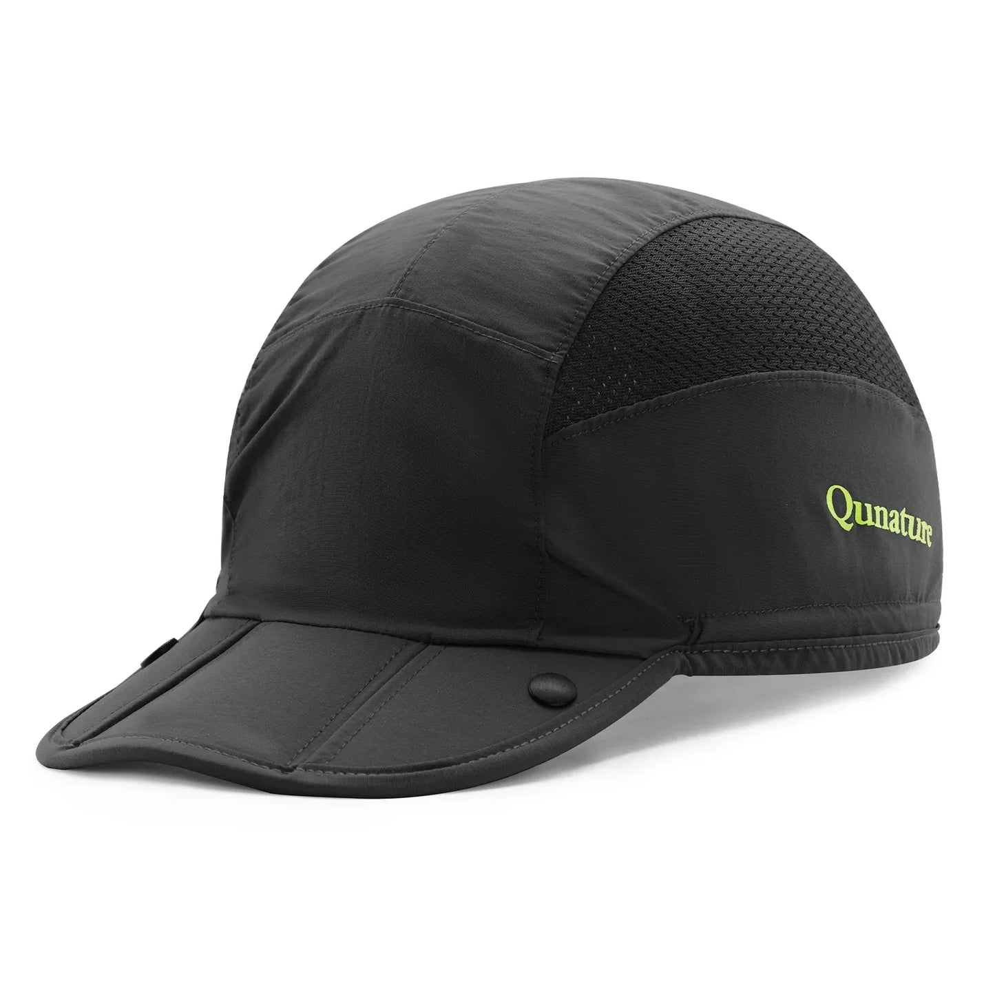 Black cap with a brand logo on a white background