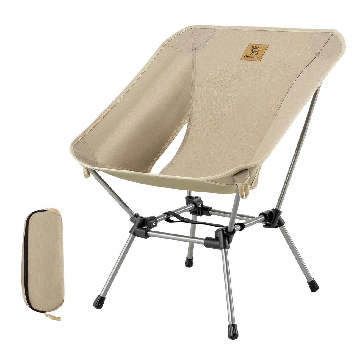 Beige camping chair with a canopy on a white background