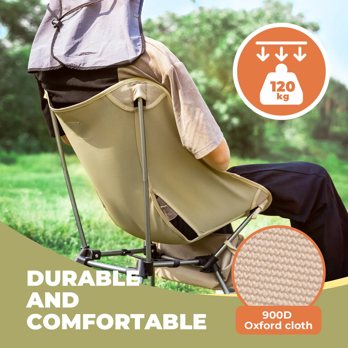 Person sitting in a beige camping chair with text 'Durable and Comfortable' and '900D Oxford cloth' on a green outdoor background.