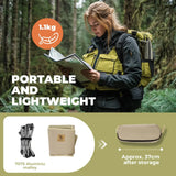 Person in a forest holding a map with backpack, text about weight and features of a product.