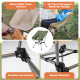 Collage of a camping chair with features highlighted, including wide surface and backrest design.