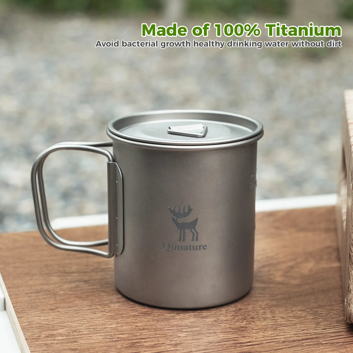 Opvouwbare titanium campingbeker 375 ml met deksel