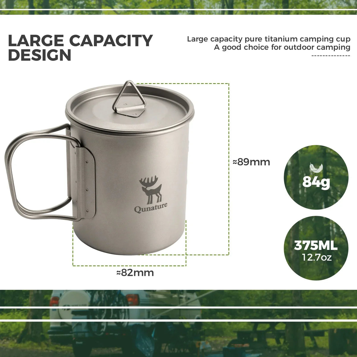 Opvouwbare titanium campingbeker 375 ml met deksel