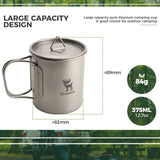 Opvouwbare titanium campingbeker 375 ml met deksel