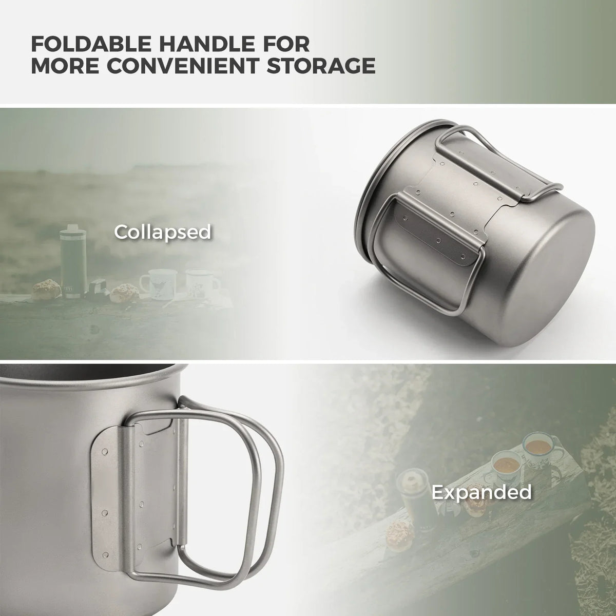 Opvouwbare titanium campingbeker 375 ml met deksel
