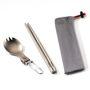 Titanium eetset met eetstokjes en opvouwbare lepel