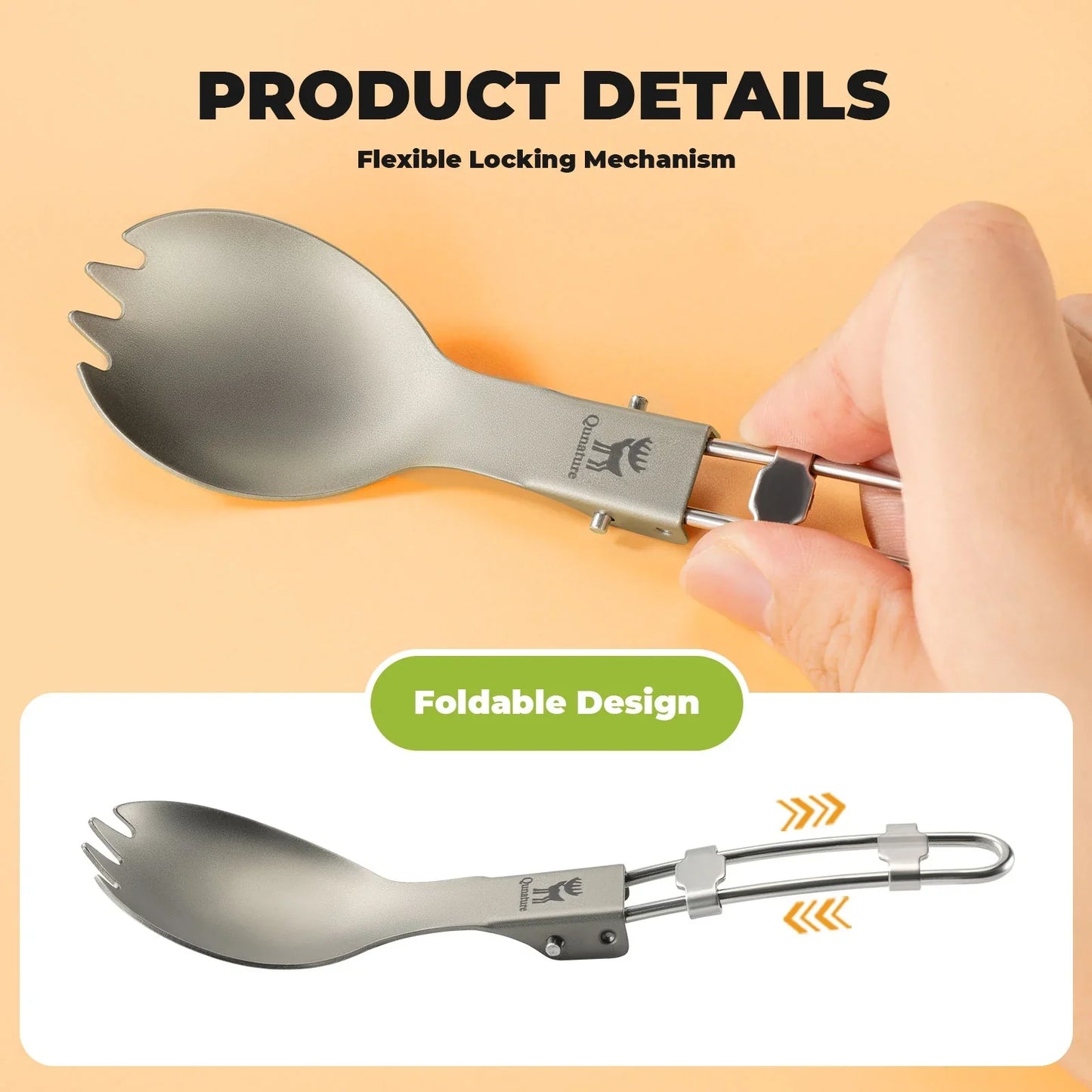 Foldable camping spoon with a hand holding it, on a beige background.