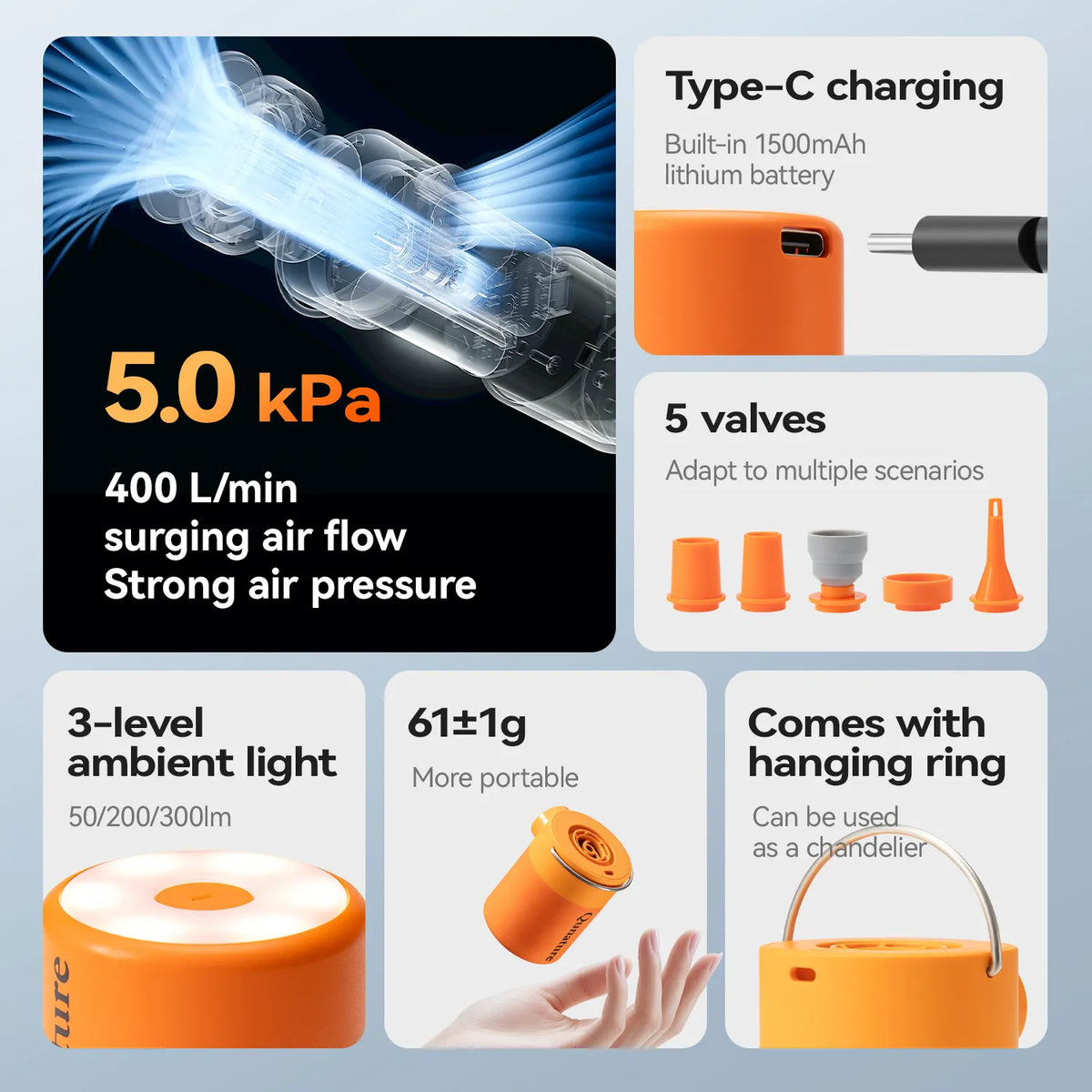 Mini elektrische luchtpomp 5 kPa met campinglamp