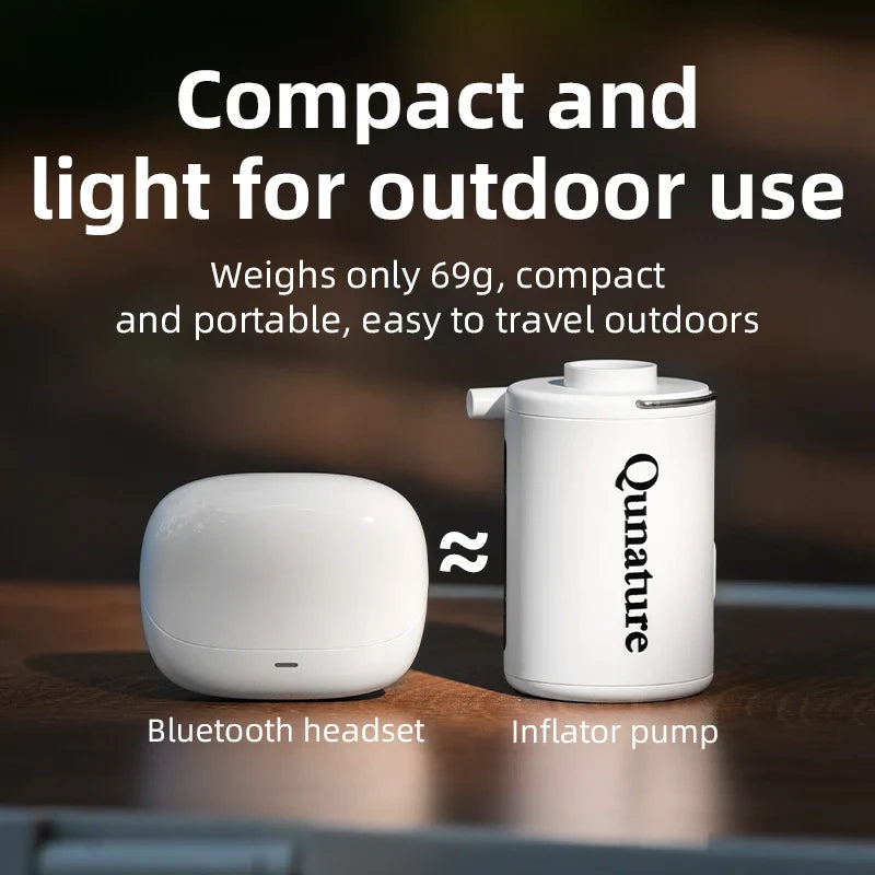 Two white devices, a Bluetooth headset and an inflator pump, on a wooden surface with text highlighting their compactness and portability.