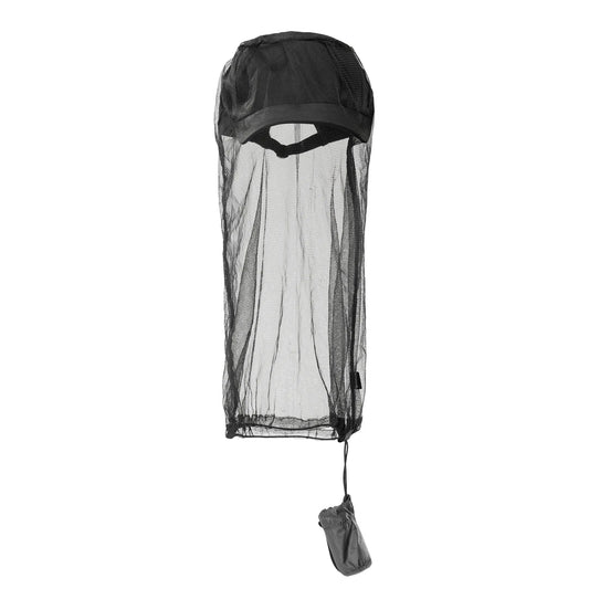 Black insect repellent hood with mesh design on a white background