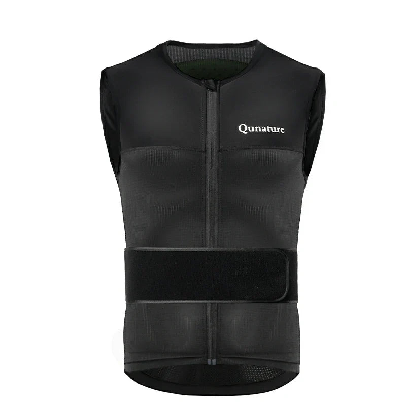 A black ski back vest with a front zipper and the brand 'Qunature' written on the upper front.