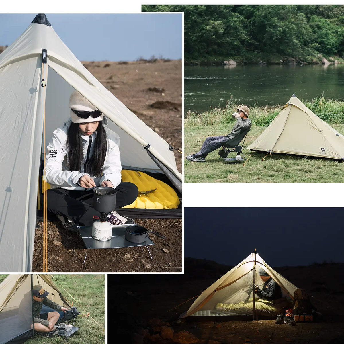 Collage of a person camping with a tent in various settings.