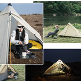 Collage of a person camping with a tent in various settings.