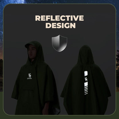 Two people wearing reflective ponchos with a dark background and 'Reflective Design' text.