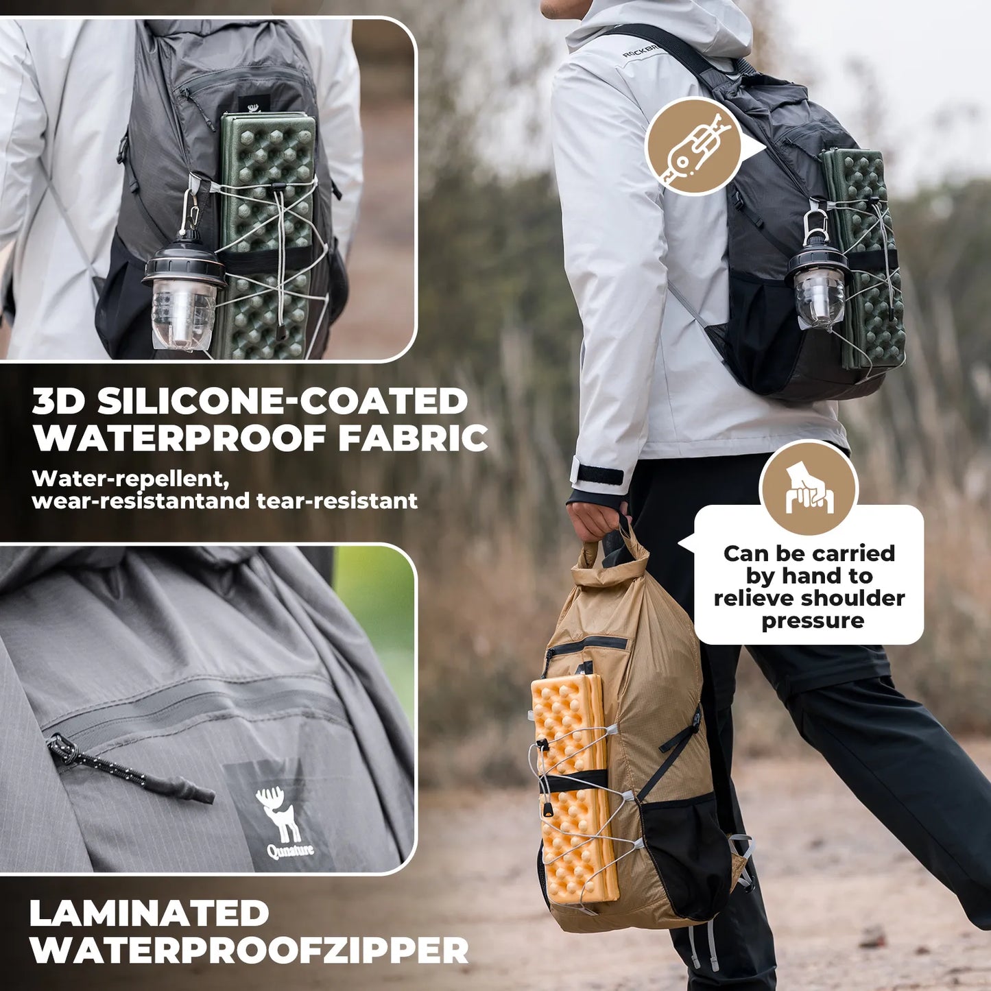 Person carrying a backpack with features highlighted on a blurred outdoor background