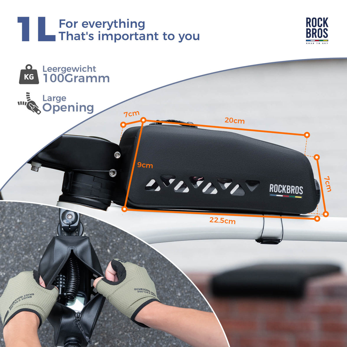 ROCKBROS compacte waterdichte road-to-sky frametas voor fiets 1 l