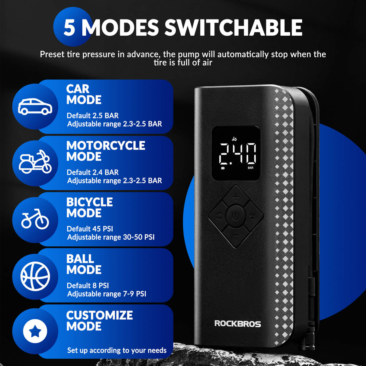Elektrische fietspomp A13 met vijf pompstanden – 150 PSI – productdetail 4