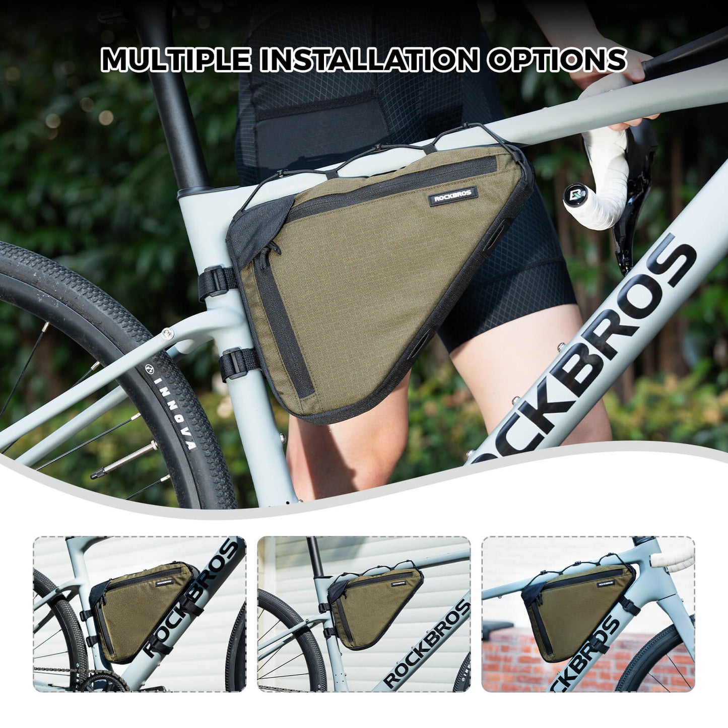 ROCKBROS 1.5L bike frame triangle bag B128, compact and durable design for convenient storage of essentials during cycling trips.