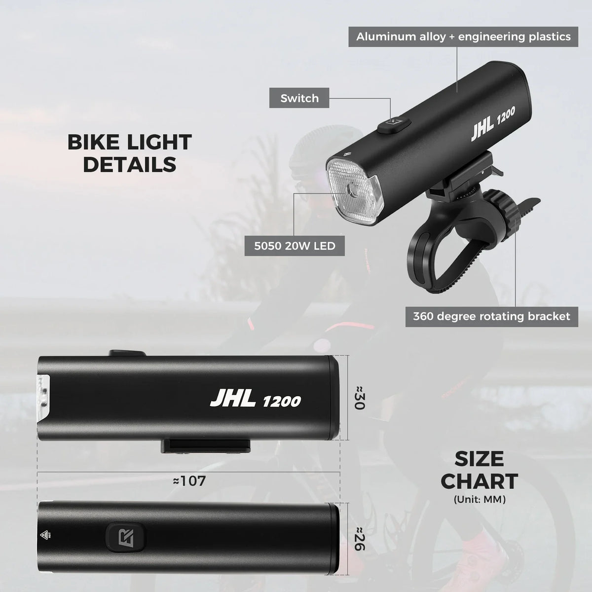 ROCKBROS fietskoplamp 1200lm 5000mah type-c oplaadbaar voorlicht
