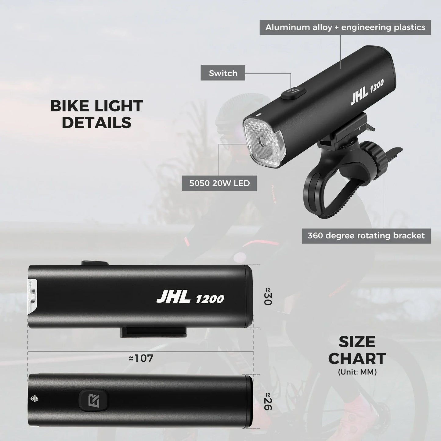 rockbros bike headlight 1200lm 5000mah type-c rechargeable front light for cycling