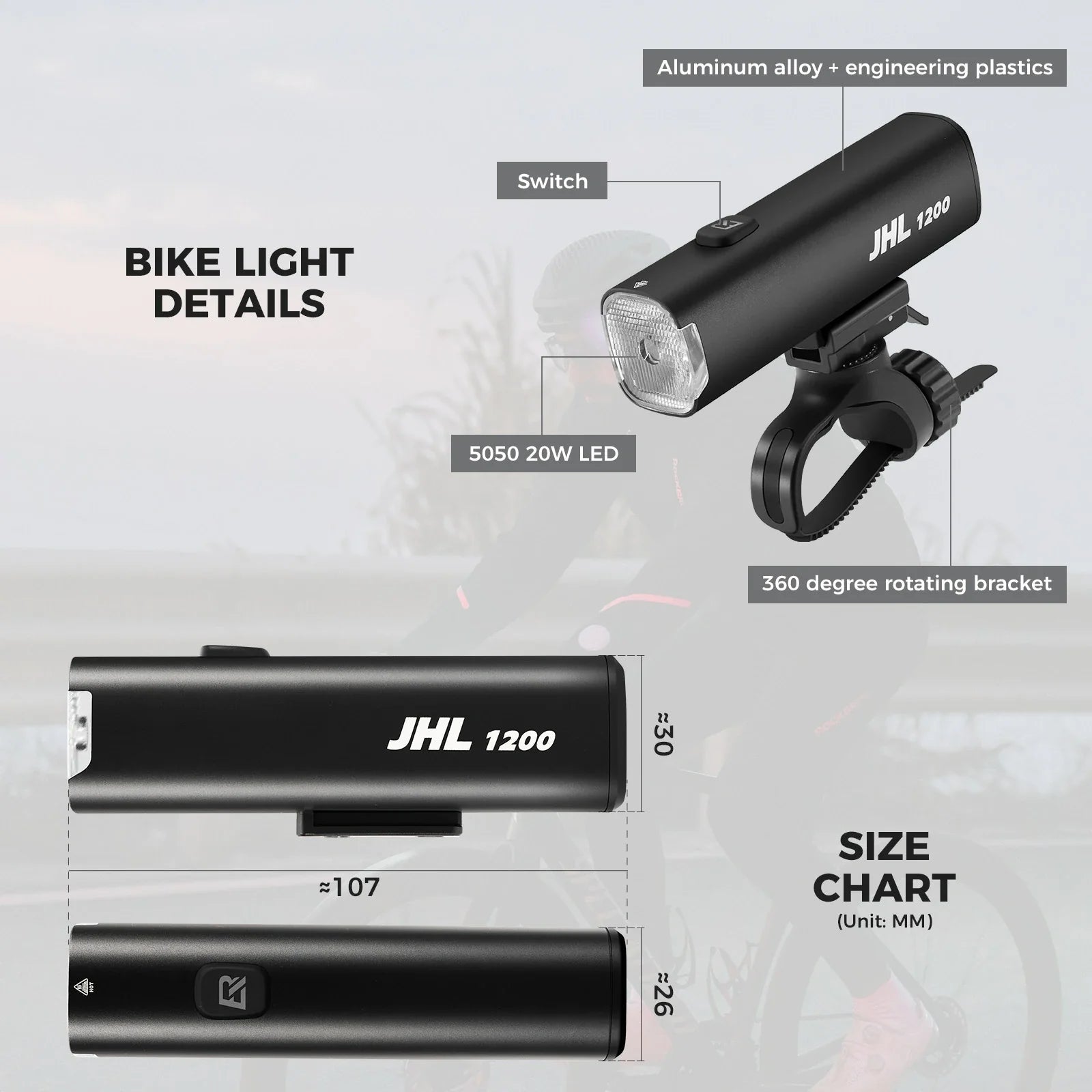 rockbros bike headlight 1200lm 5000mah type-c rechargeable front light for cycling