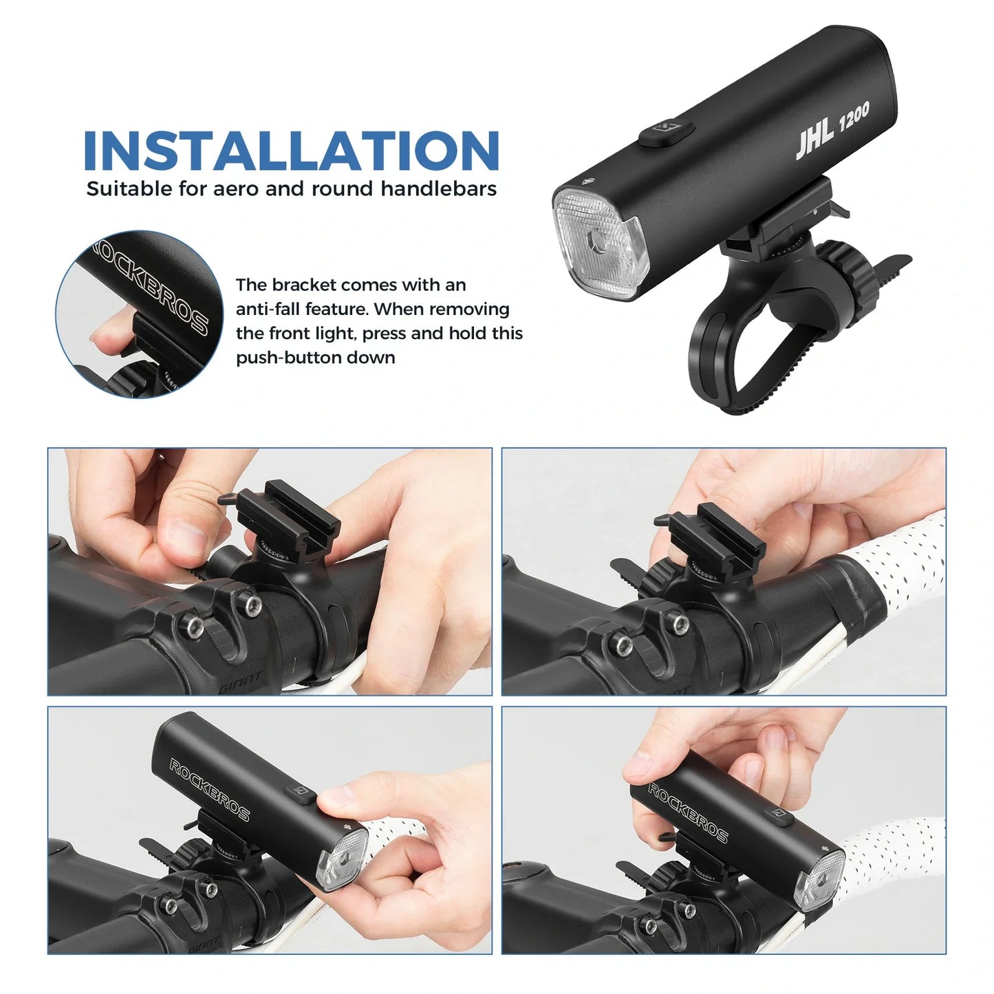 rockbros bike headlight 1200lm 5000mah type-c rechargeable front light for cycling