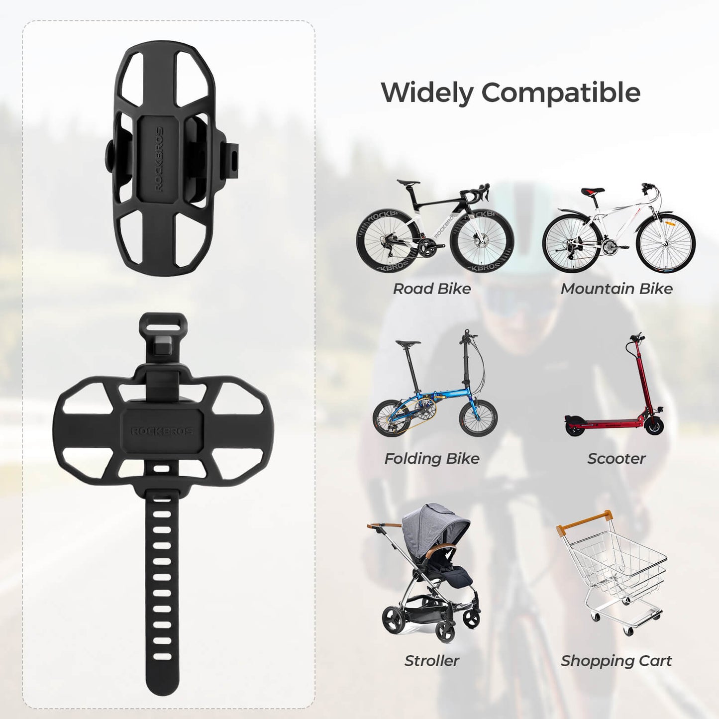 rockbros silicone bike phone mount with quick-release lever on handlebar