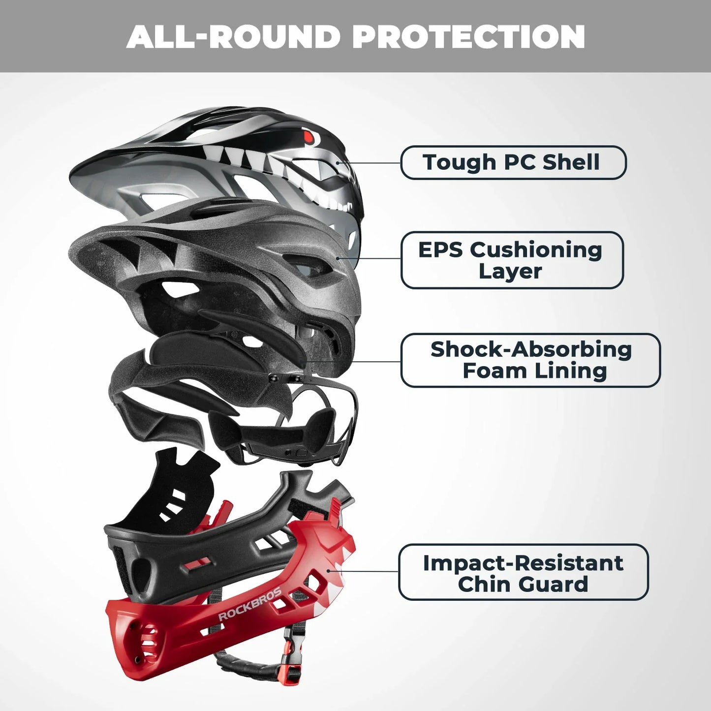 ROCKBROS afneembare fullface kinderhelm voor bmx en step 3–16 jaar