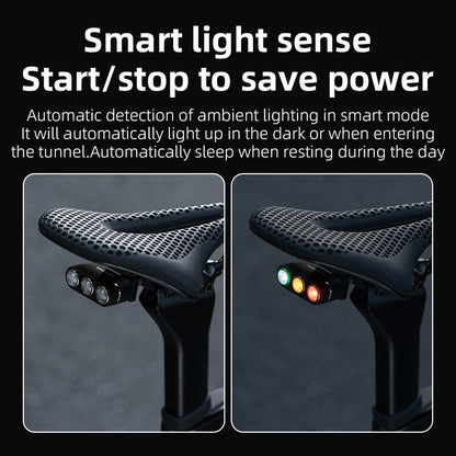 rockbros smart rear bike light with 3-colour led and brake-sensing technology