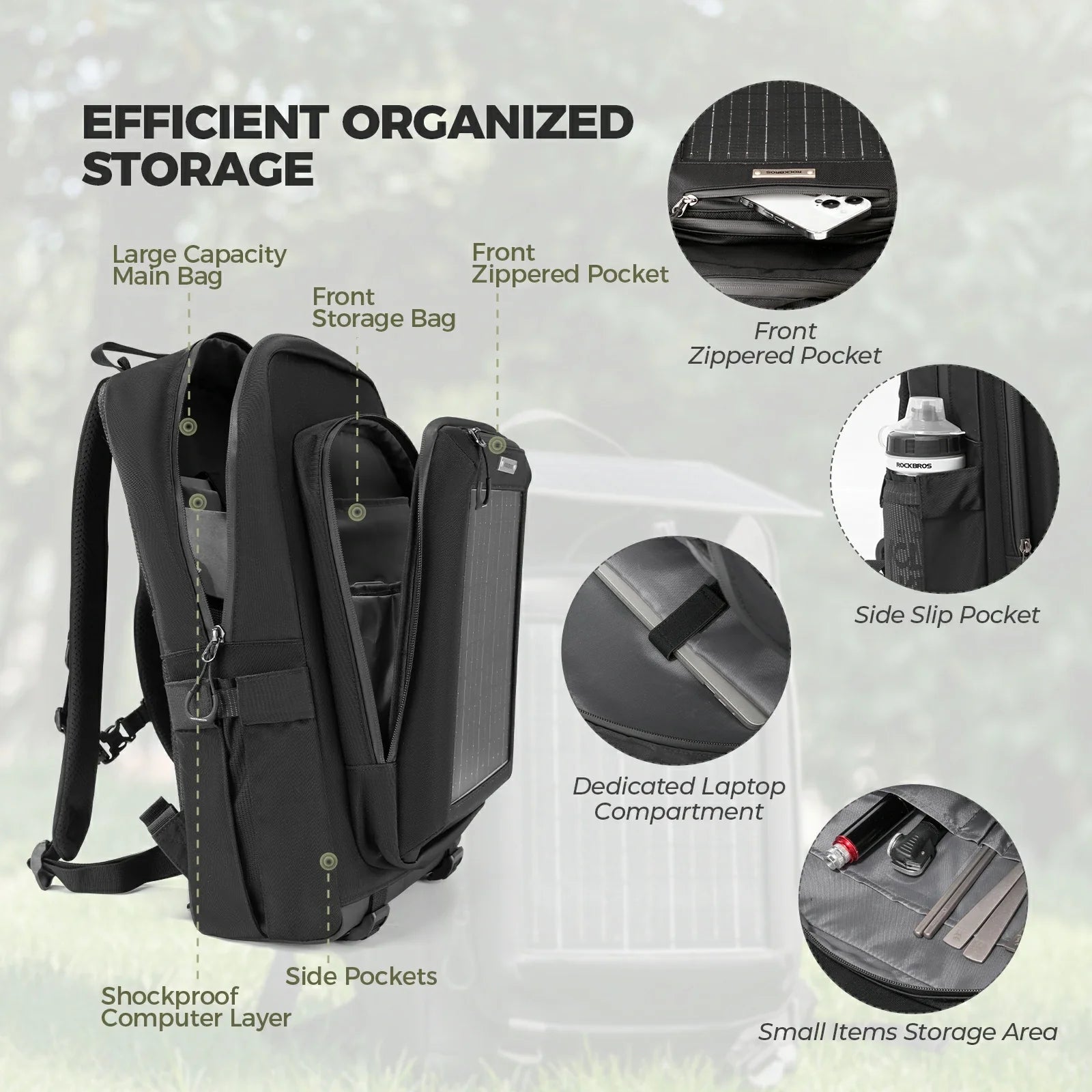 ROCKBROS solar backpack 20L with detachable 14W solar panel