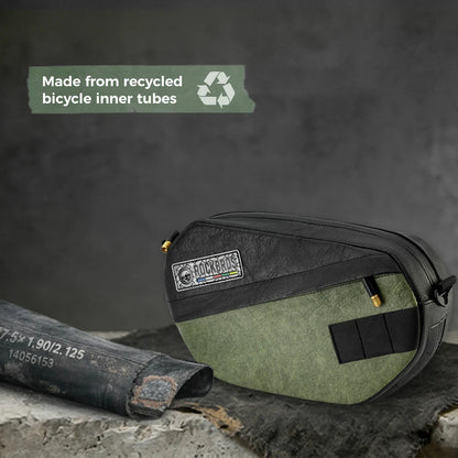 Sustainable eco-friendly recycled tire bike handlebar bag for cyclists