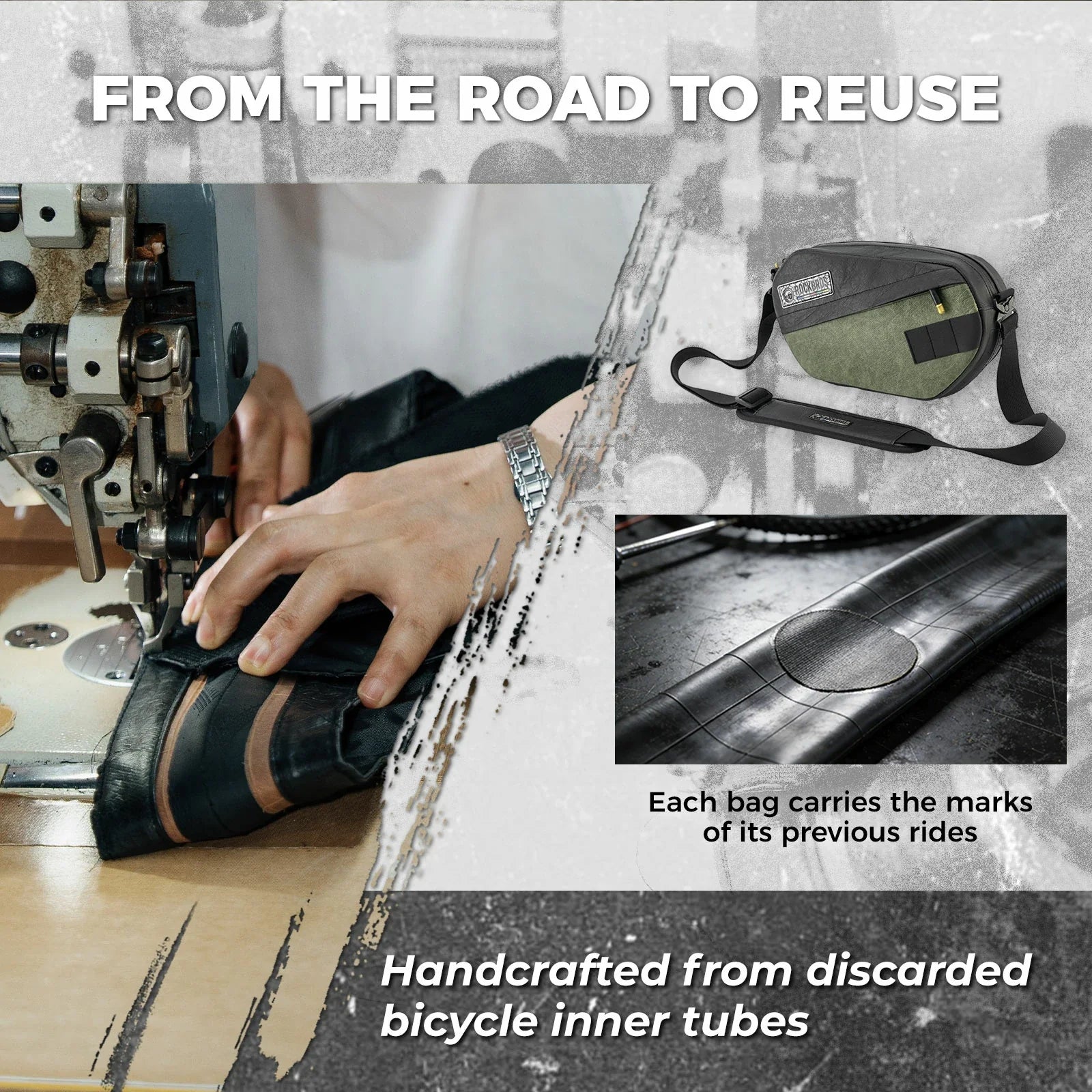 Sustainable eco-friendly recycled tire bike handlebar bag for cyclists
