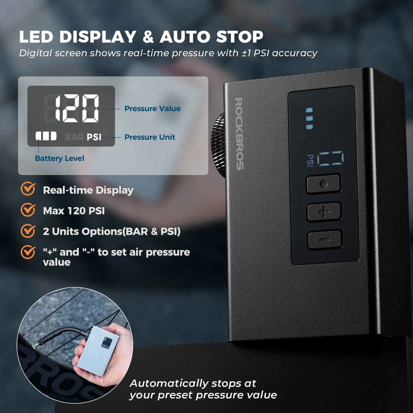 ROCKBROS mini elektrische fietspomp as240 pro met meter en auto-stop