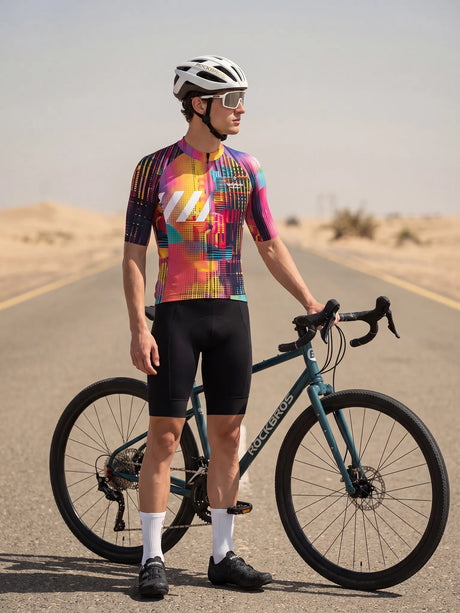 ROCKBROS heren fietsshirt Neon Condense ademend wielershirt Pink Skyline