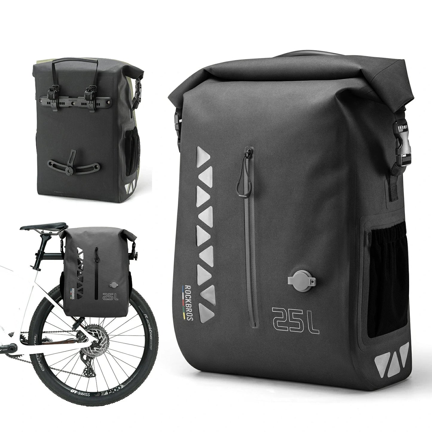 Waterproof 25L Bike Pannier Bag with Roll-Top & Smart Storage#Color_Black