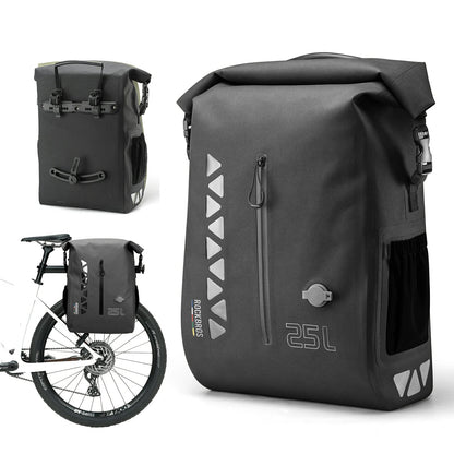 Waterproof 25L Bike Pannier Bag with Roll-Top & Smart Storage#Color_Black
