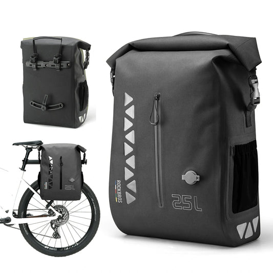 Waterproof 25L Bike Pannier Bag with Roll-Top & Smart Storage#Color_Black