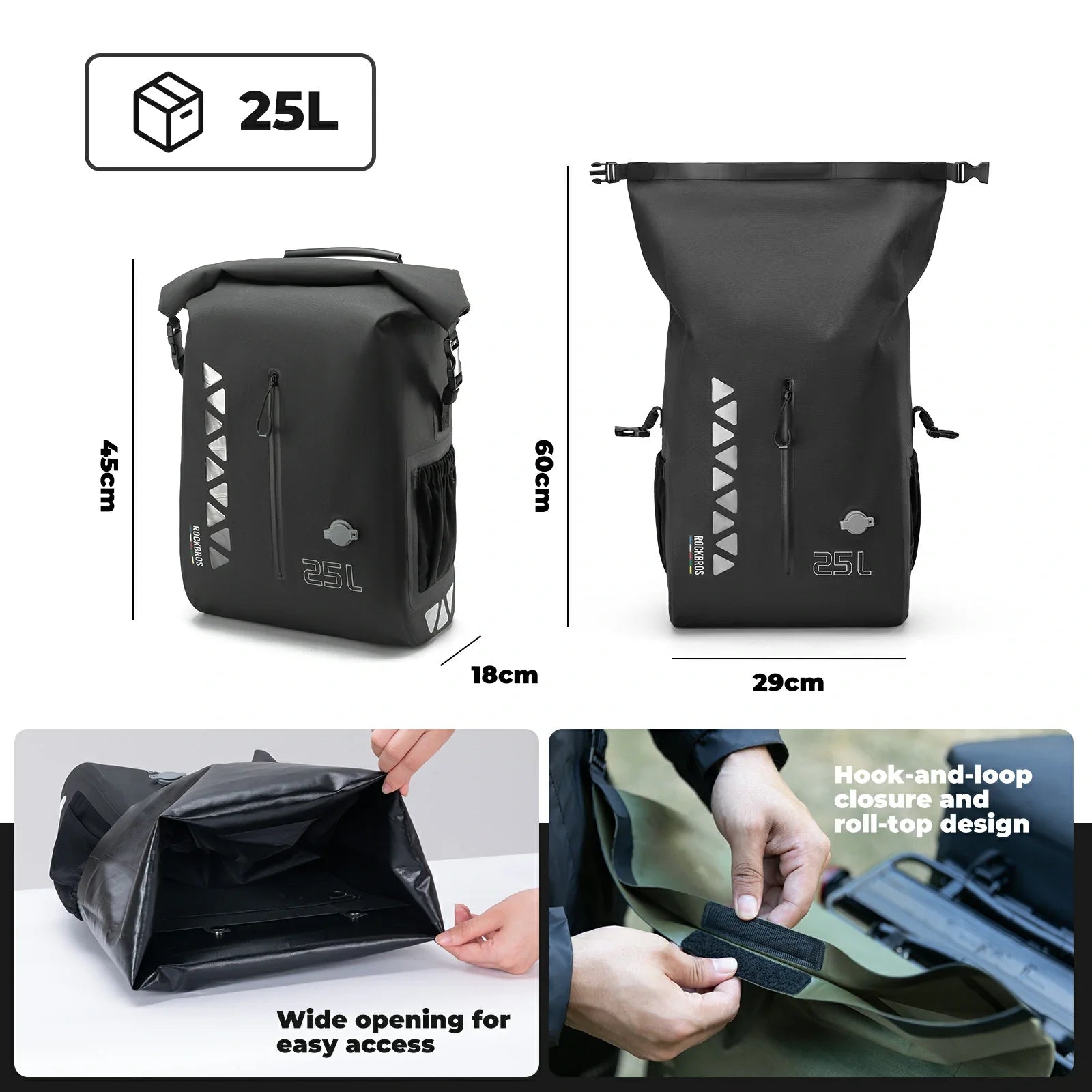 Waterproof 25L Bike Pannier Bag with Roll-Top & Smart Storage