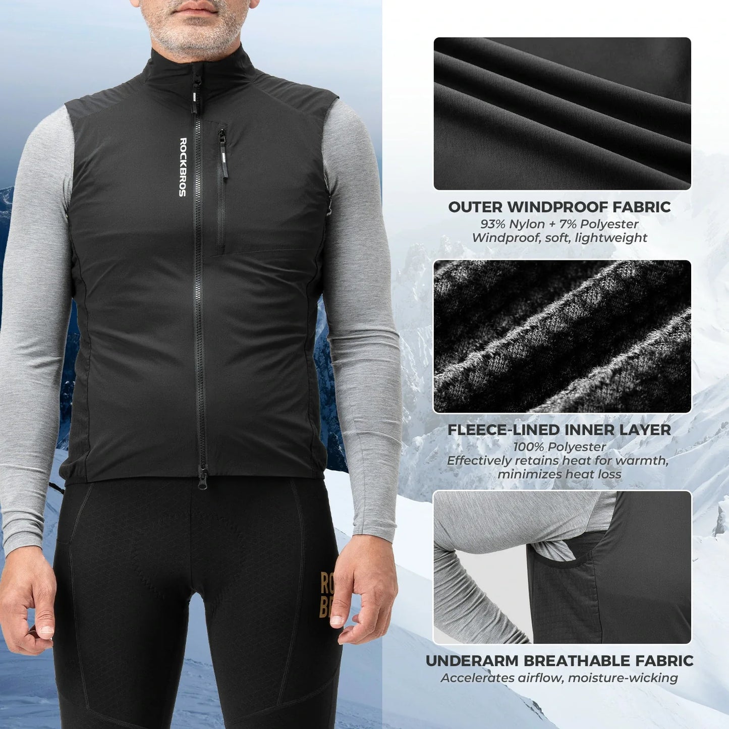 rockbros winter thermal cycling vest fleece lined windproof breathable bike gilet