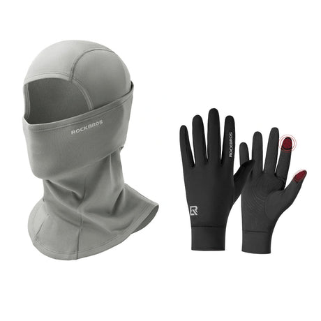 ROCKBROS winterset met bivakmuts in lichtgrijs en fietshandschoenen in zwart
