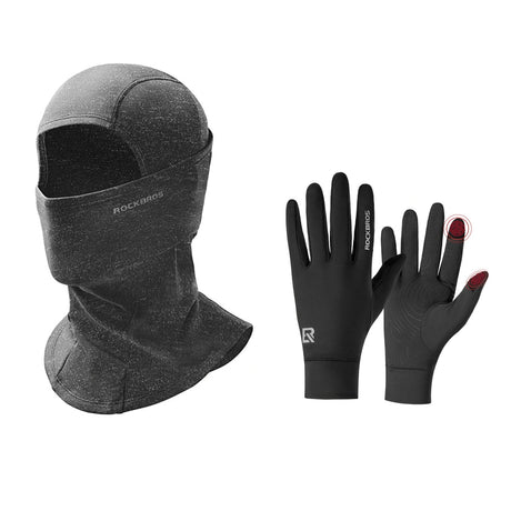 ROCKBROS winterset met bivakmuts in donkergrijs en fietshandschoenen in zwart