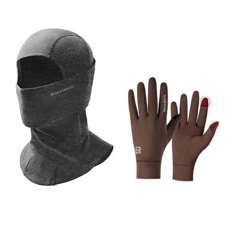 ROCKBROS winterset met bivakmuts in donkergrijs en fietshandschoenen in bruin