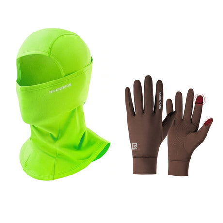 ROCKBROS winterset met bivakmuts in fluorescerend groen en fietshandschoenen in bruin