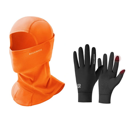 ROCKBROS winterset met bivakmuts in oranje en fietshandschoenen in zwart