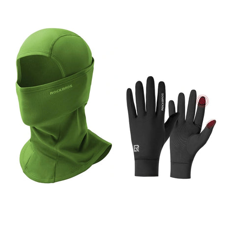ROCKBROS winterset met bivakmuts in legergroen en fietshandschoenen in zwart