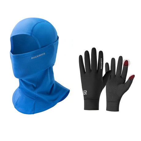 ROCKBROS winterset met bivakmuts in blauw en fietshandschoenen in zwart