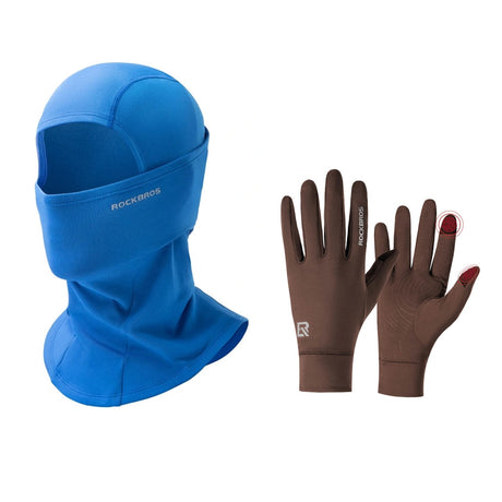 ROCKBROS winterset met bivakmuts in blauw en fietshandschoenen in bruin